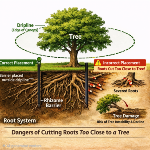 Tree-dripline-and-root-system-diagram-showing-safe-rhizome-barrier-installation-outside-the-canopy-to-avoid-cutting-major-tree-roots