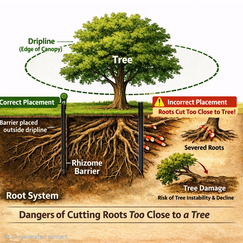Tree-dripline-and-root-system-diagram-showing-safe-rhizome-barrier-installation-outside-the-canopy-to-avoid-cutting-major-tree-roots
